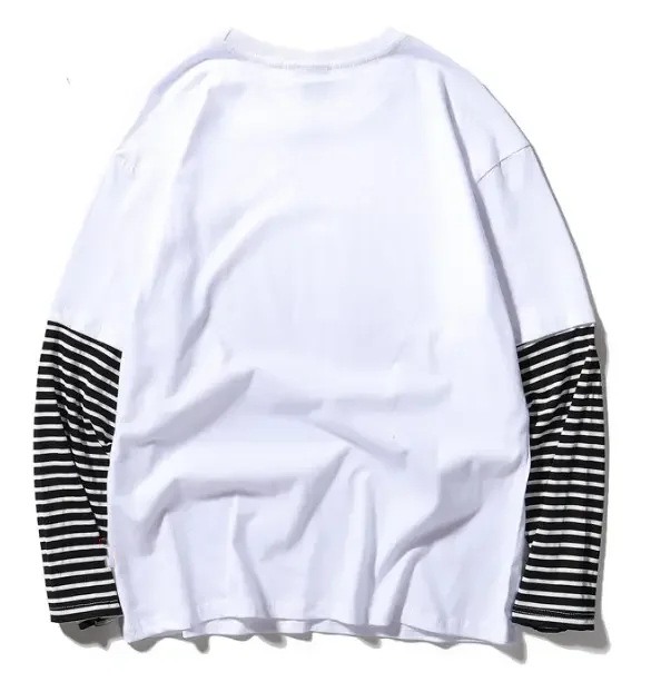 New Fashion Oversized Drop Shoulder T Shirt Patchwork Strip Fabric Crew Neck Double Layer Long Sleeve T Shirt
