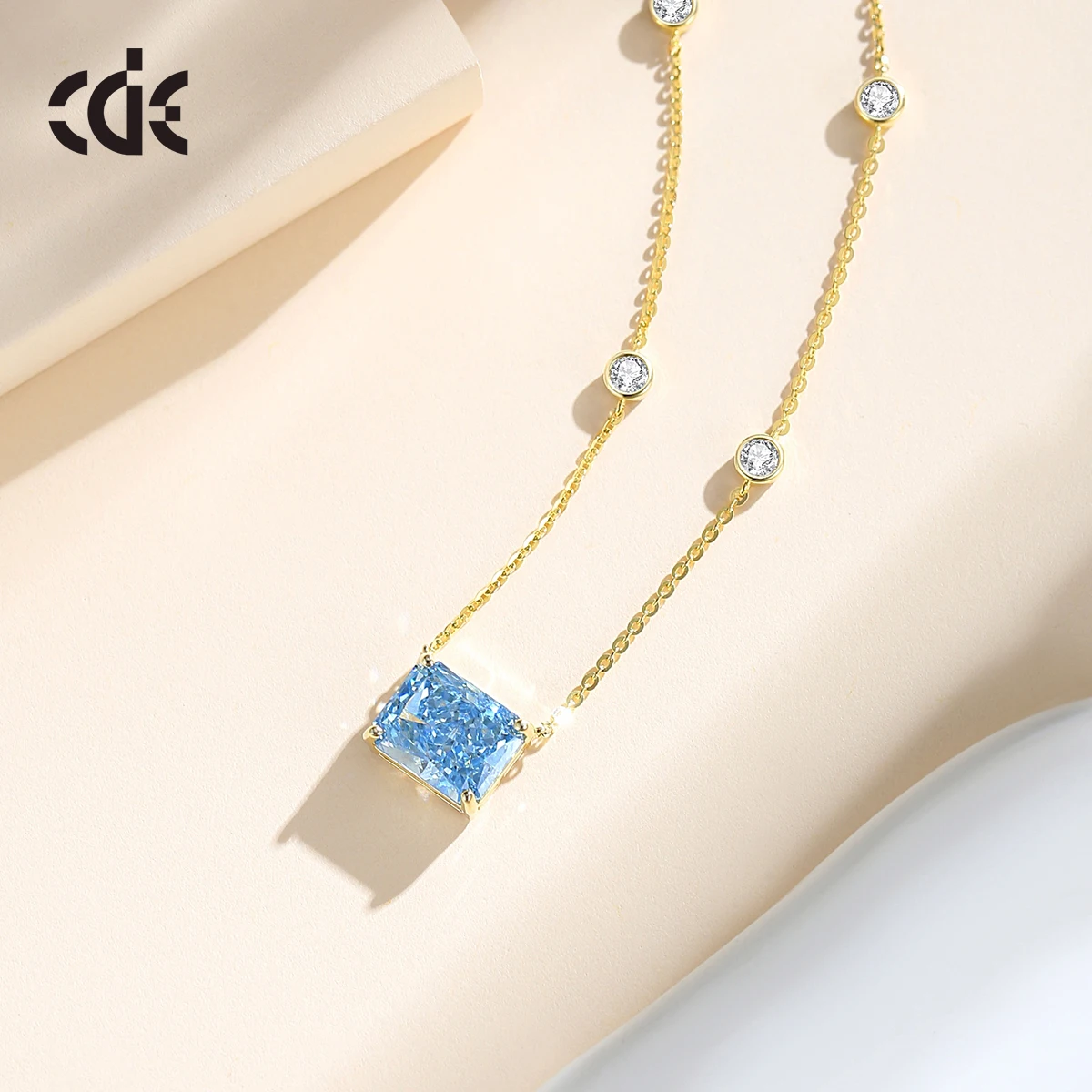 CDE CZYN043 Fine 925 Sterling Silver Jewelry 5A Cubic Zirconia Necklace 14K Gold Plated Chain Blue Zircon Pendant Neclalce