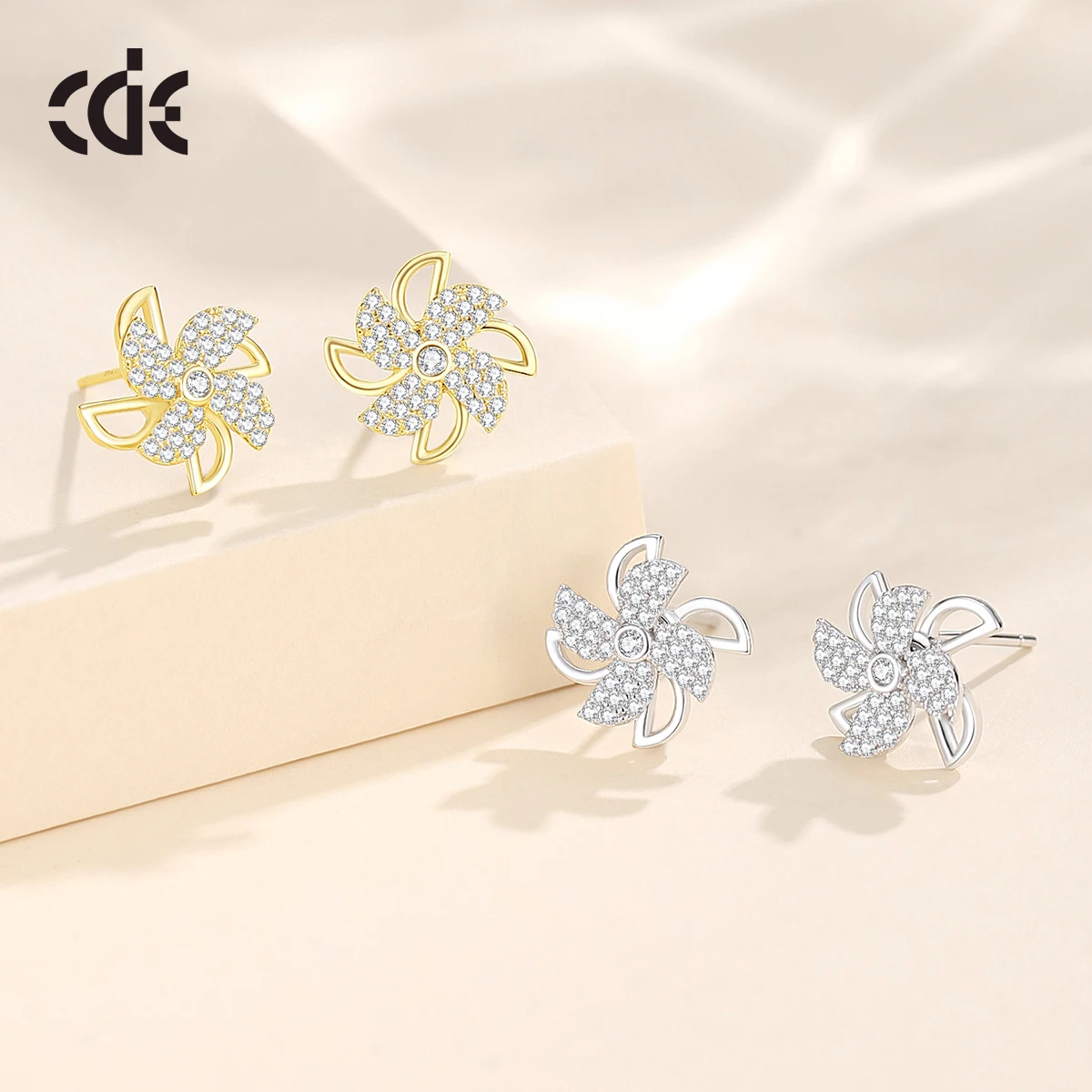 CDE CZYE009 Silver 925 Jewelry Anxiety Earrings 14K Gold Plated Pinwheel Earrings Wholesale Bulk Women Windmill Stud Earrings