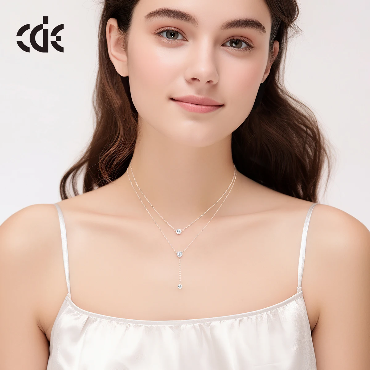 CDE CZYN064 Fine Jewelry 925 Sterling Silver Necklace Double Layer Chain Rhodium Plated Women Zircon Pendant Necklace