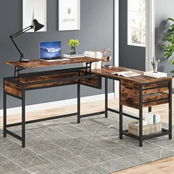 Tribesigns Height Adjustable Standing 59 Inch Lift Top L Shaped Computer Desk with 2 Drawers Storage Shelf