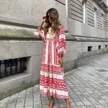 New 2024 Vintage Geometric Print Half Sleeve Dress Women Casual Dresses Ladies Clothing