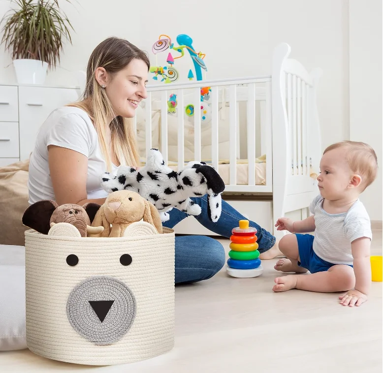 Cotton Rope Storage Basket Cute Bear Basket with Handles Nursery Storage Baby Nursery Basket for Toys Clothes Towels