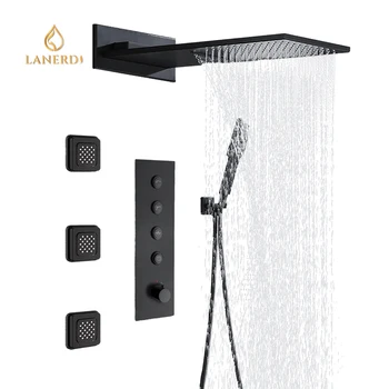 UPC 4 Way Brass Thermostatic Rain Shower System Concealed Shower Set Bathroom with Large 22 inch Waterfall Shower Head