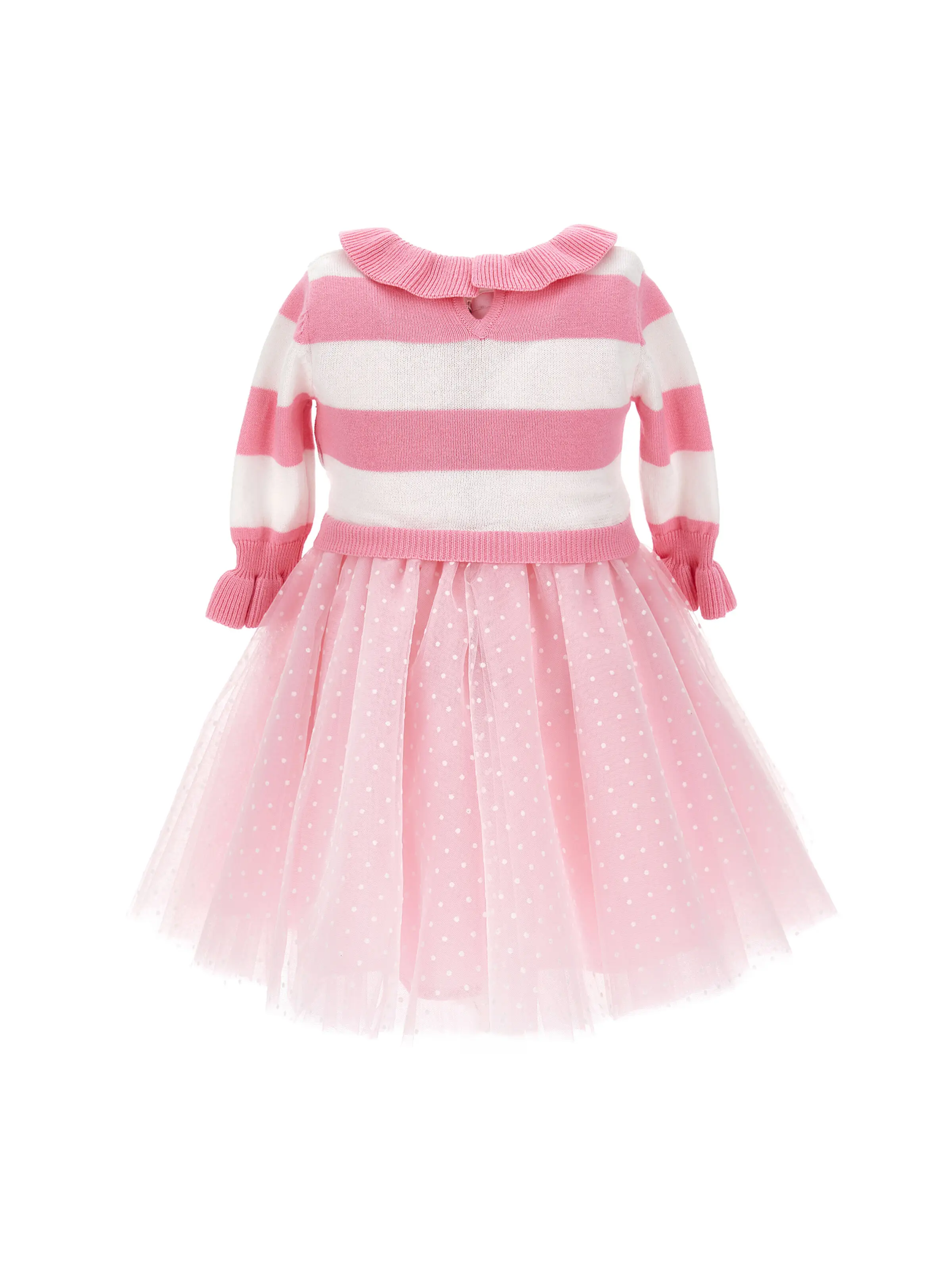 customized turn down collar ruffle stripe  pink and white  knitted sweater dress with tulle girl autumn baby  Fall winter girl d