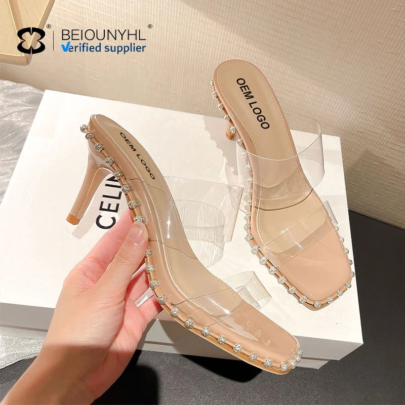 New arrival PVC transparent sandals square toe high heels sexy slippers rhinrhinous open toe thin women shoes