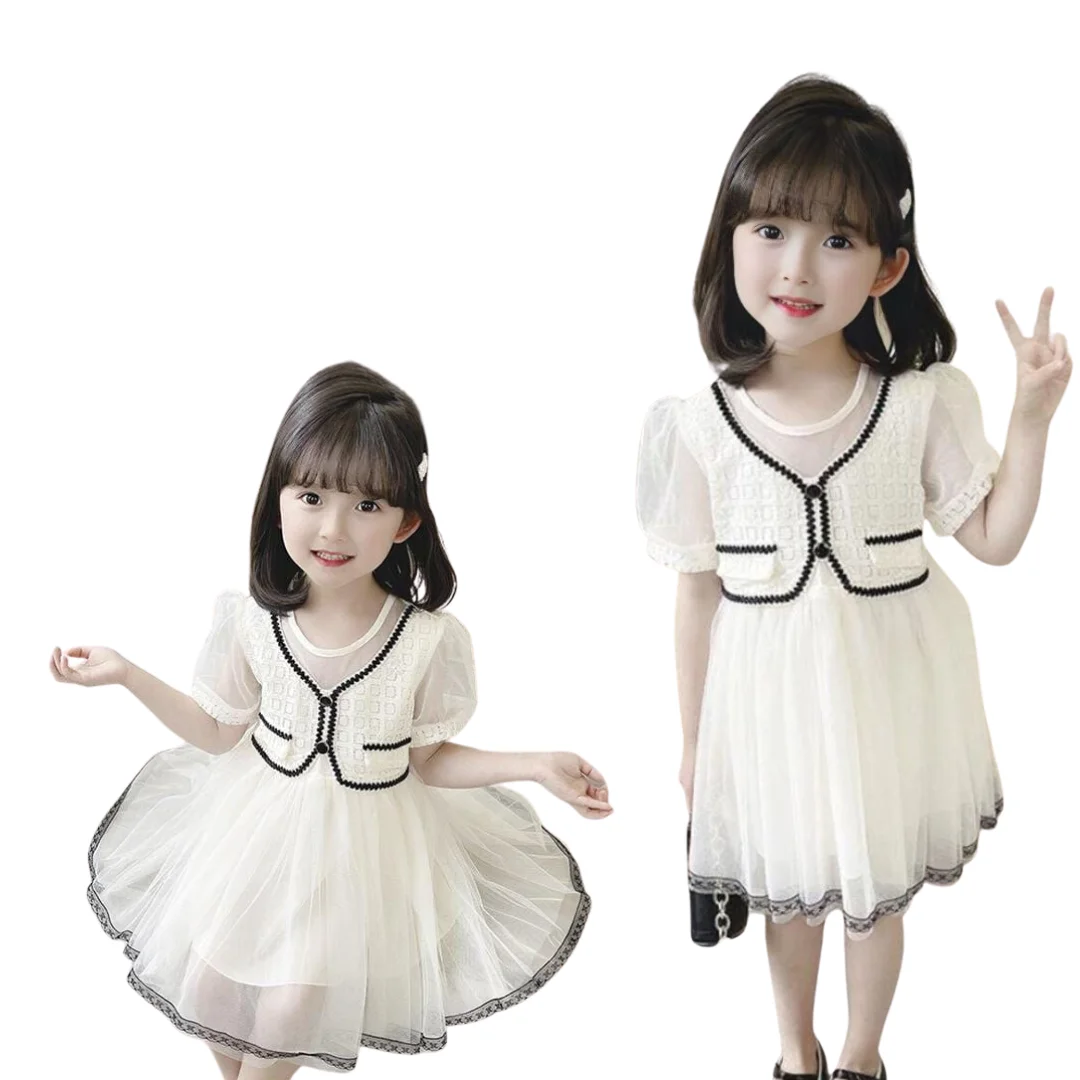 High Quality Beige Summer Baby Girls Luxury Dress Baby Girls furing material Girls Dresses age 2-8 years old