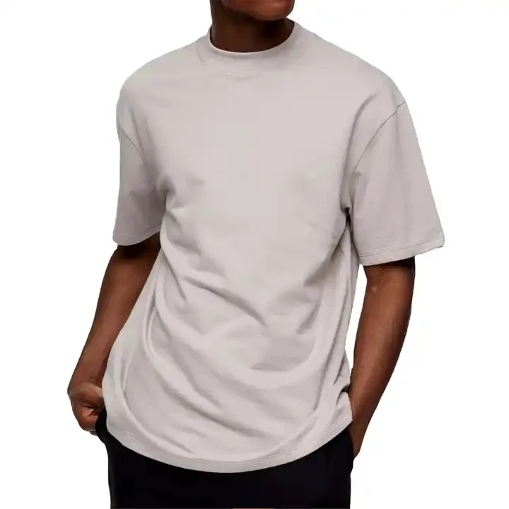 Super Heavy 220gsm Thick Oversized Drop Shoulder White T-shirt Mock Neck Cotton Boxy Fit T Shirt
