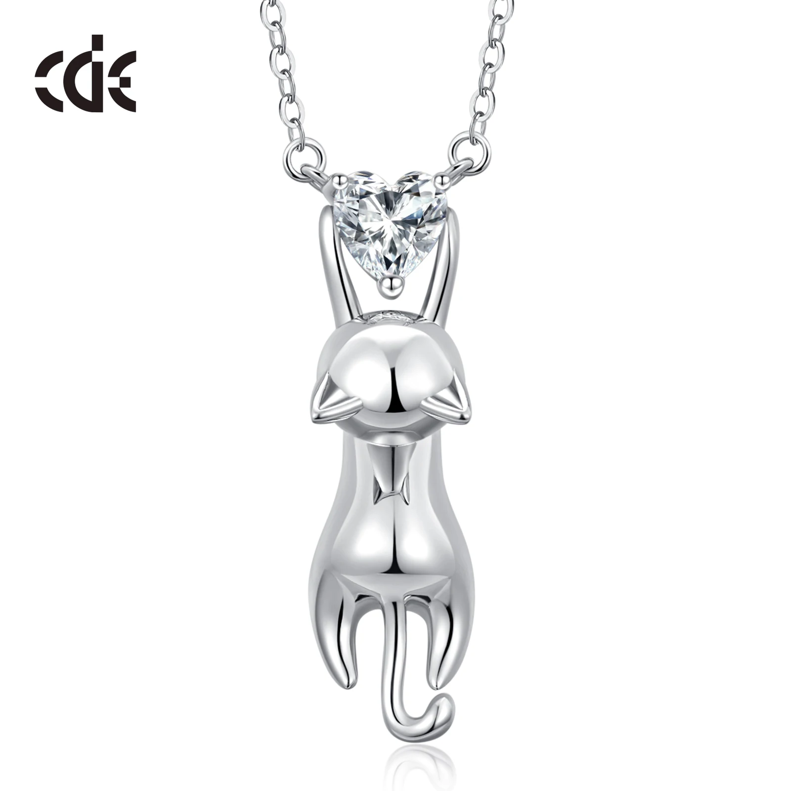 CDE CZYN074 Fine 925 Sterling Silver Jewelry Animal Necklace Wholesale Design Sense Kitten And Crystal Heart Charm Necklace