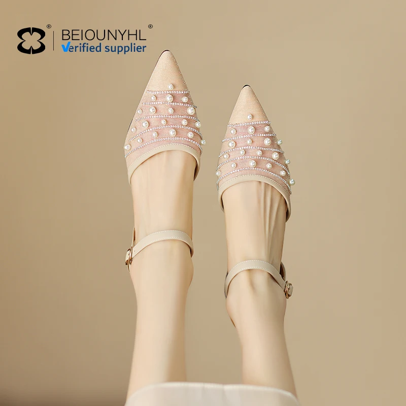 2024 Customized Logo Pointed Toe Shoes T Strap Slingbacks Heeled Sandals Breathable Mesh Low Heel Unique Cup Heels Sandals