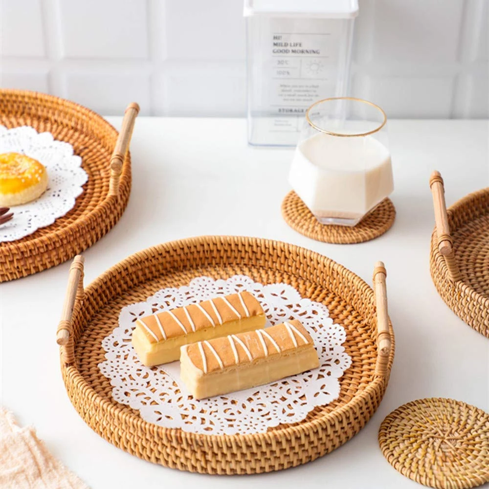 Decorative Hand Woven Trays Rattan Round Shape Serving Tray For Table