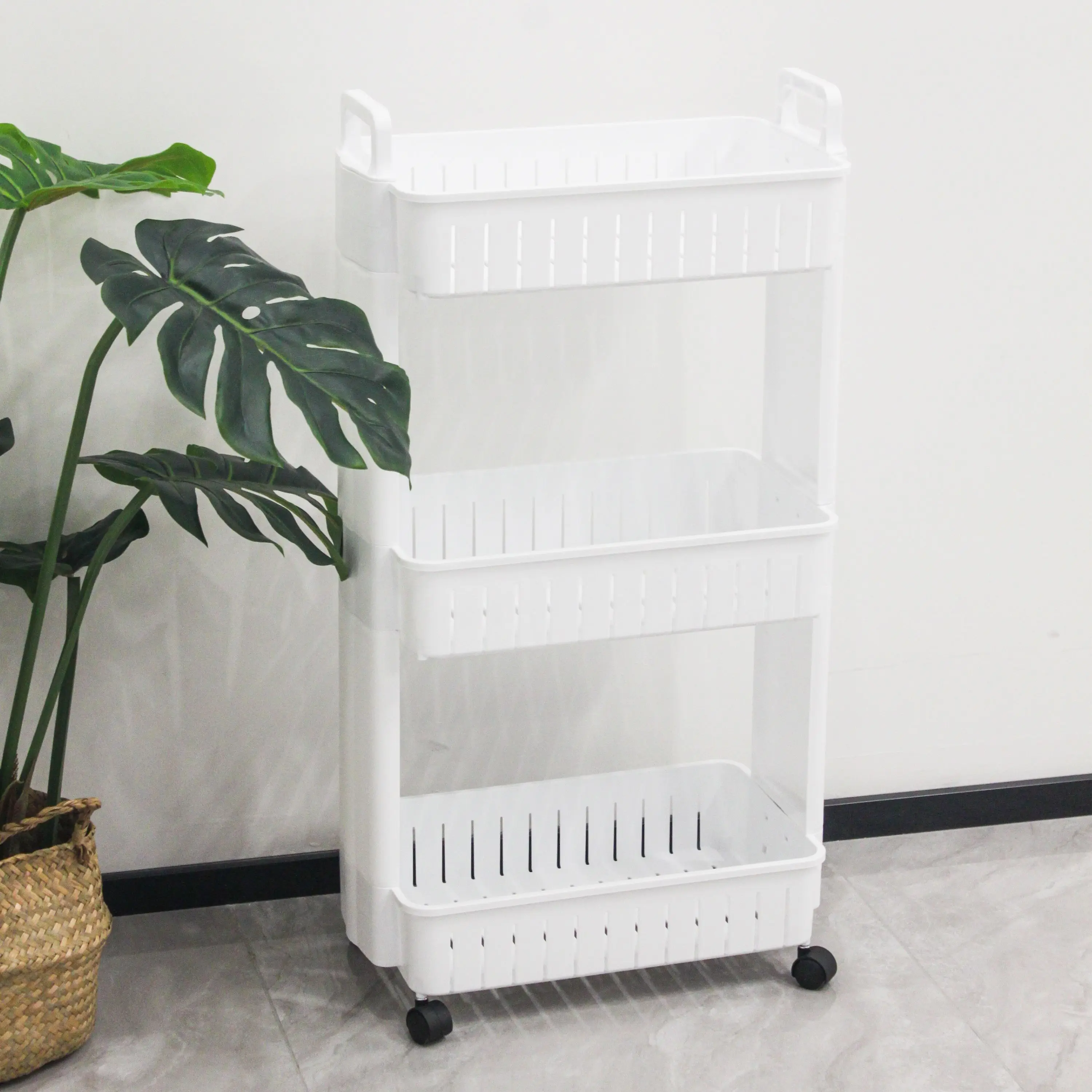 Bathroom plastic shelf storage rack with wheel