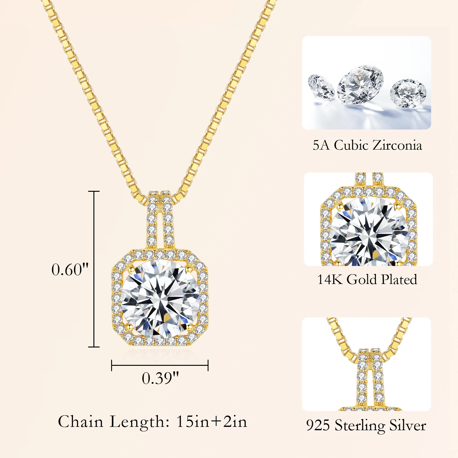 CDE CZYN046 925 Sterling Silver Fine Jewelry Necklace Wholesale 14K Gold Plated Chain Zircon Pendant Necklace