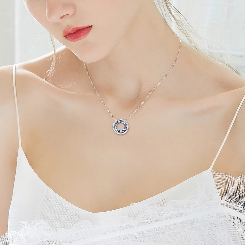 CDE YN0916 Fine Jewelry Necklace Women Crafted 925 Silver Rhodium Plated Necklace Wholesale Bulk Crystal Circle Necklace