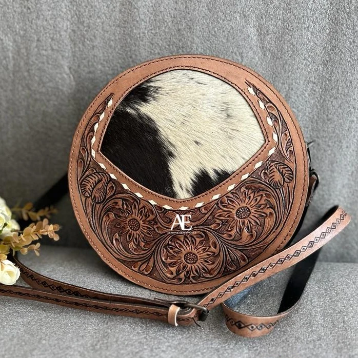 New Western Style Tooled Hair On Hide Fur Leather Canteen Bag Hand