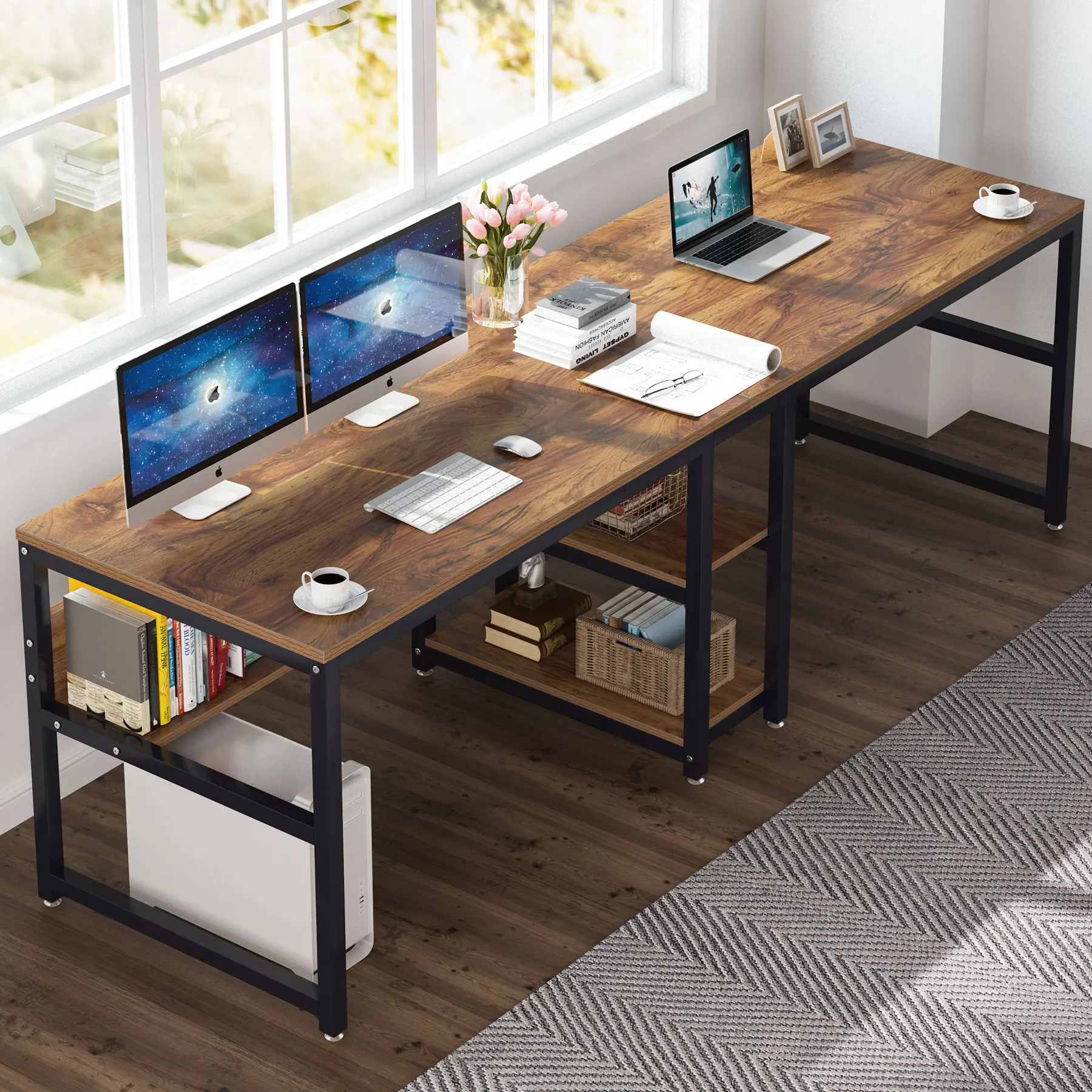 Rustic Two Person Computer Office Double Desk with Bookshelf for Two Person