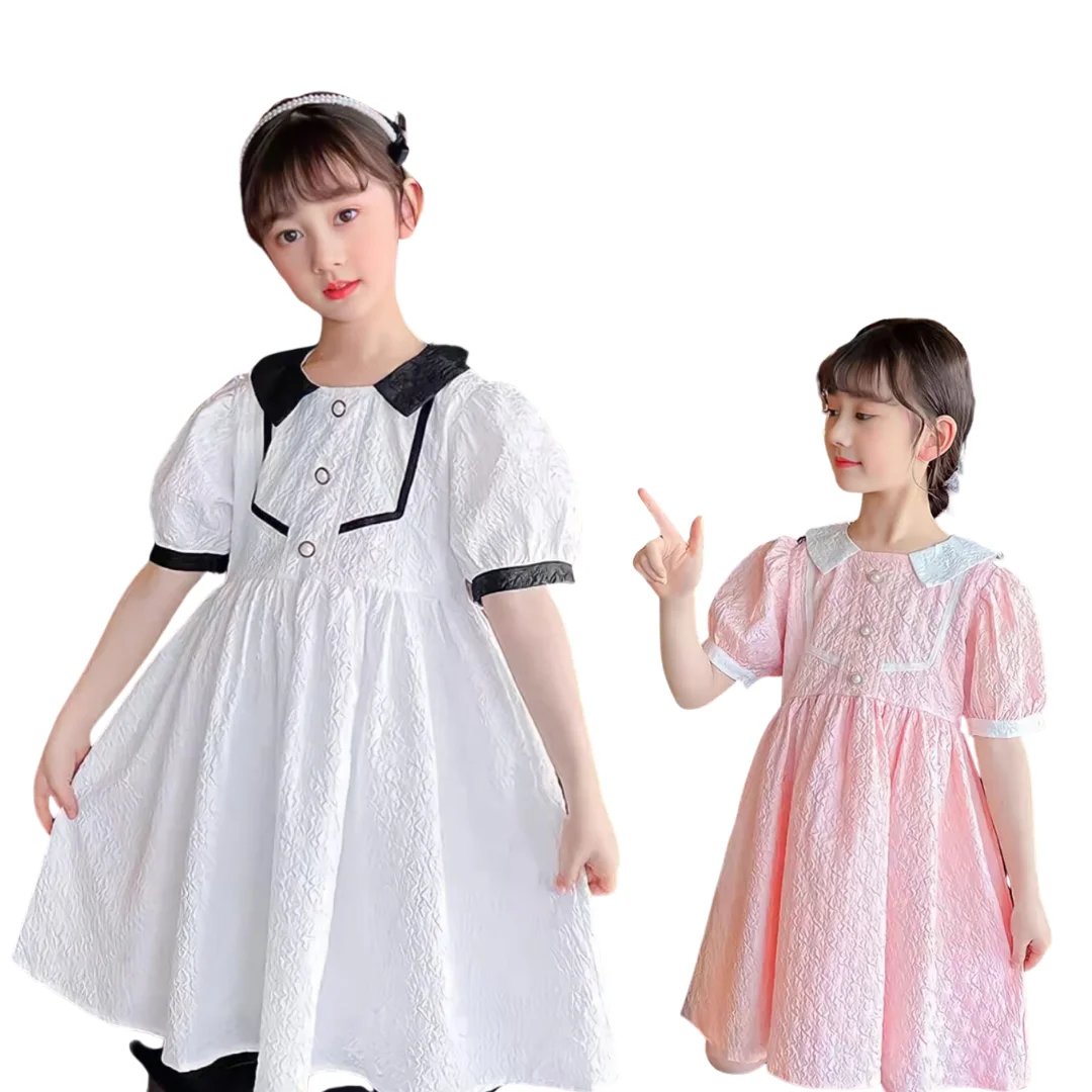 Wholesale 3-7 years old Kids summer clothes with short sleeves waffle summer fancy party dress Kids princess fancy party dresses