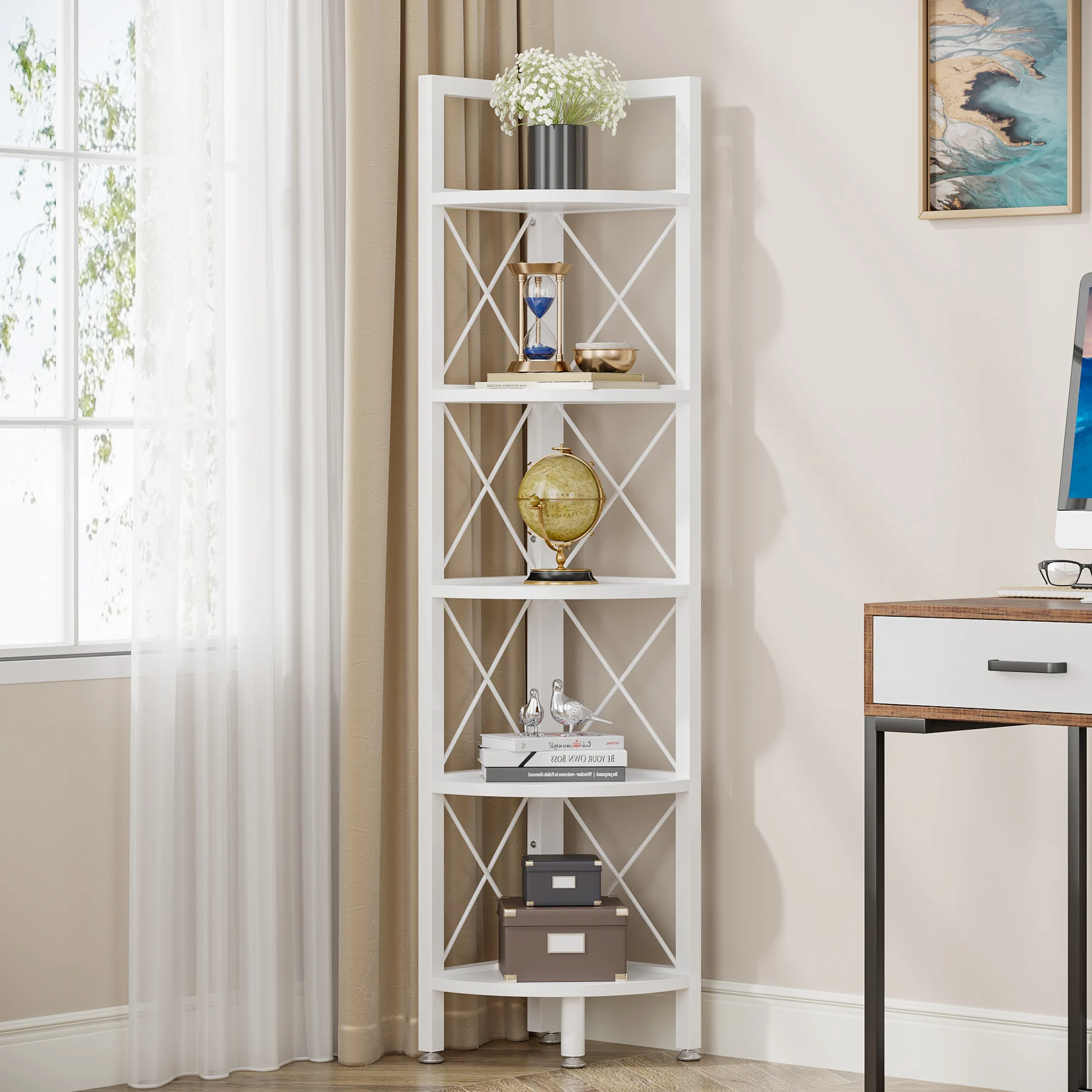 Living Room Revolving Bookstand Corner Shelf And Storage Tall Corner Shelf Tier Shelf For Plant And Book