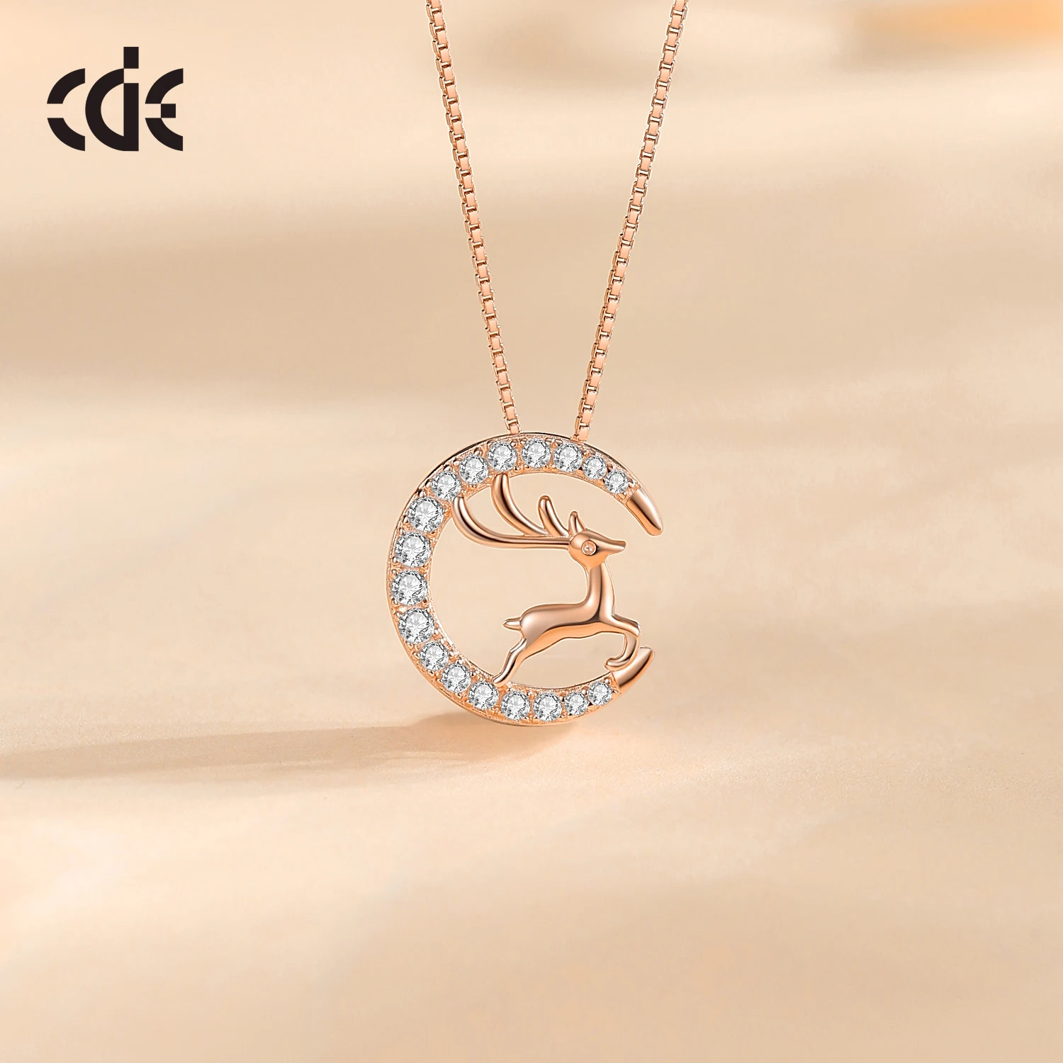 CDE CZYN021 925S Silver Christmas Gift Jewelry Zircon Necklace Wholesale Moon&Deer Rhodium Plated Christmas Pendant Necklace