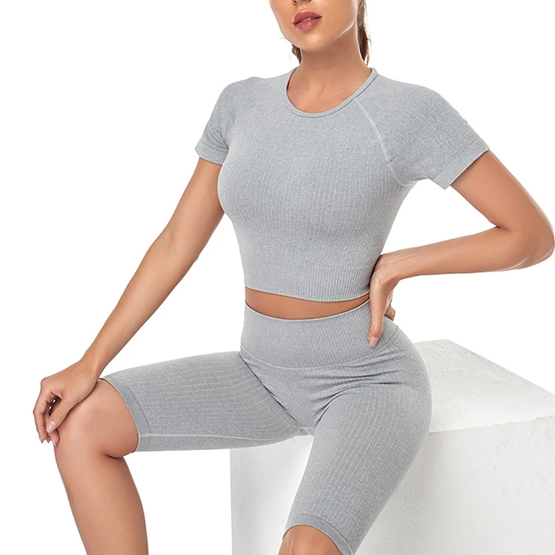 Knitted Yoga Wear Set Summer Women Seamless Gym Clothing Fitness Shorts