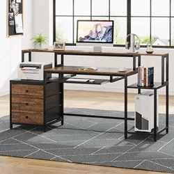 Tribesigns Industrial Reversible Long PC Gaming Desk with Keyboard Tray Study Writing Table Workstation Computer Office Desk