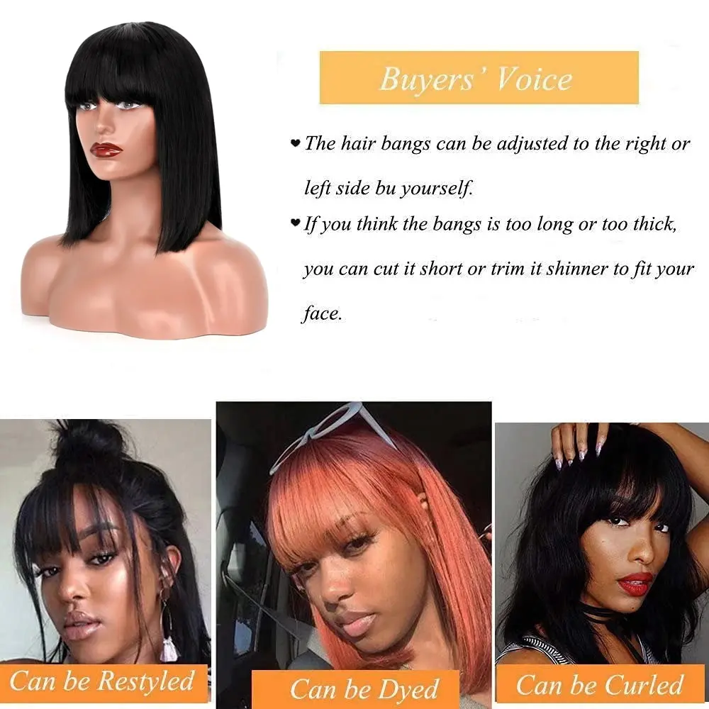 Straight Wig With Bang Short Bob For Black Women Brazilian Virgin Hair Wigs Machine Made Glueless Human Hair Wigs with Bang