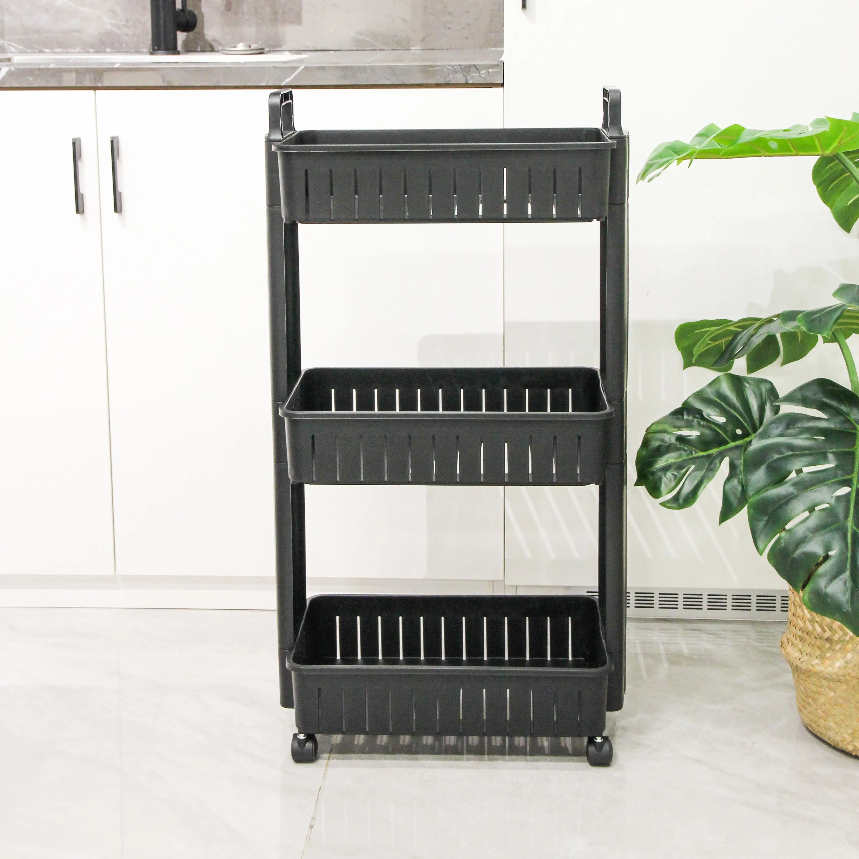 Bathroom plastic shelf storage rack with wheel