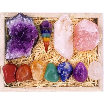 Semi-Precious Stone Crafts Premium Crystals and Healing Stones Premium Kit in Wooden Box 7 Chakra Stones Healing Set Gift Ready