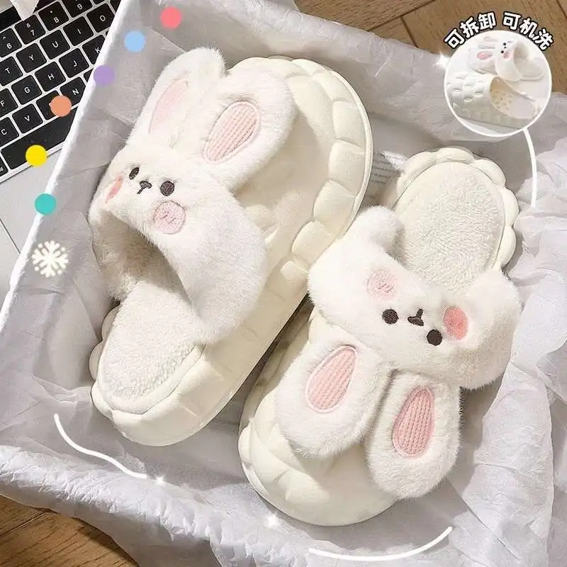 2023 Anti Slip Women Stuffed Animal Cotton Kawaii Rabbit Slippers New Thick Bottom Slippers For Gift