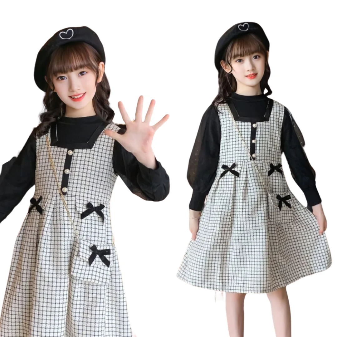 French style toddler girls clothing 3-7 years cotton plaid long sleeve dress kids with peter pan collar girl winter dress
