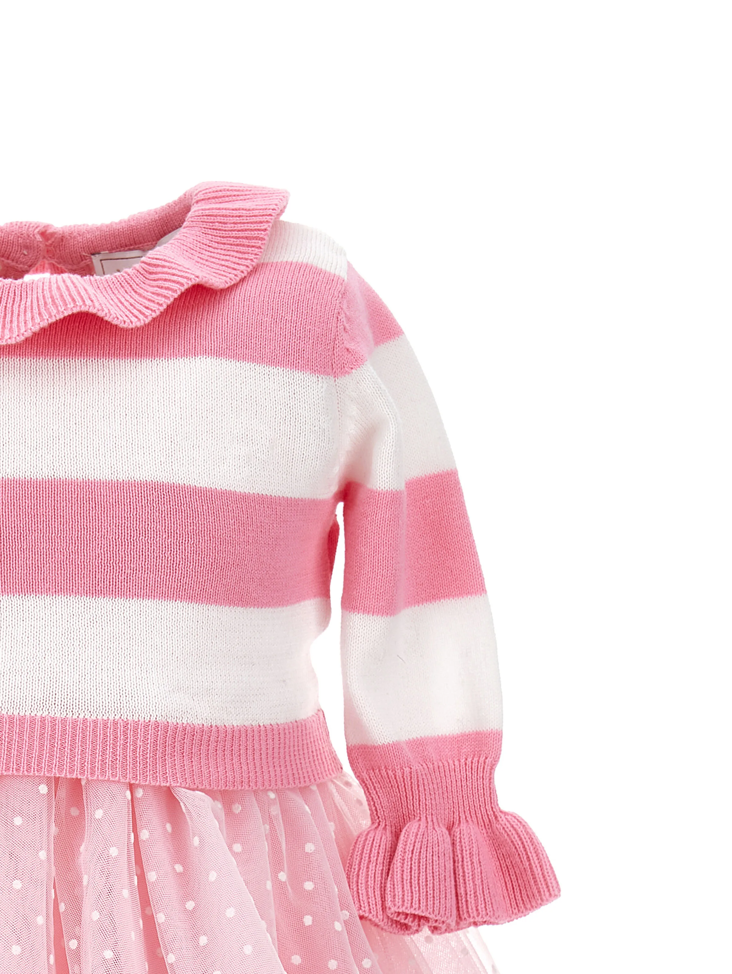 customized turn down collar ruffle stripe  pink and white  knitted sweater dress with tulle girl autumn baby  Fall winter girl d
