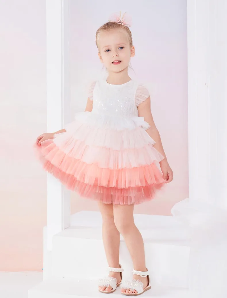 2023 European style kid girls baby tutu dresses multi-layer formal party dress sequin dress for summer