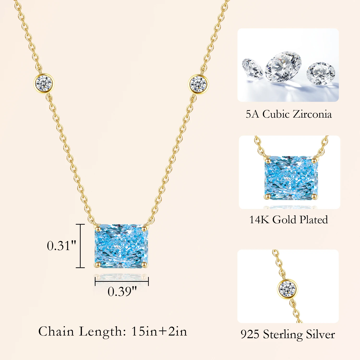 CDE CZYN043 Fine 925 Sterling Silver Jewelry 5A Cubic Zirconia Necklace 14K Gold Plated Chain Blue Zircon Pendant Neclalce