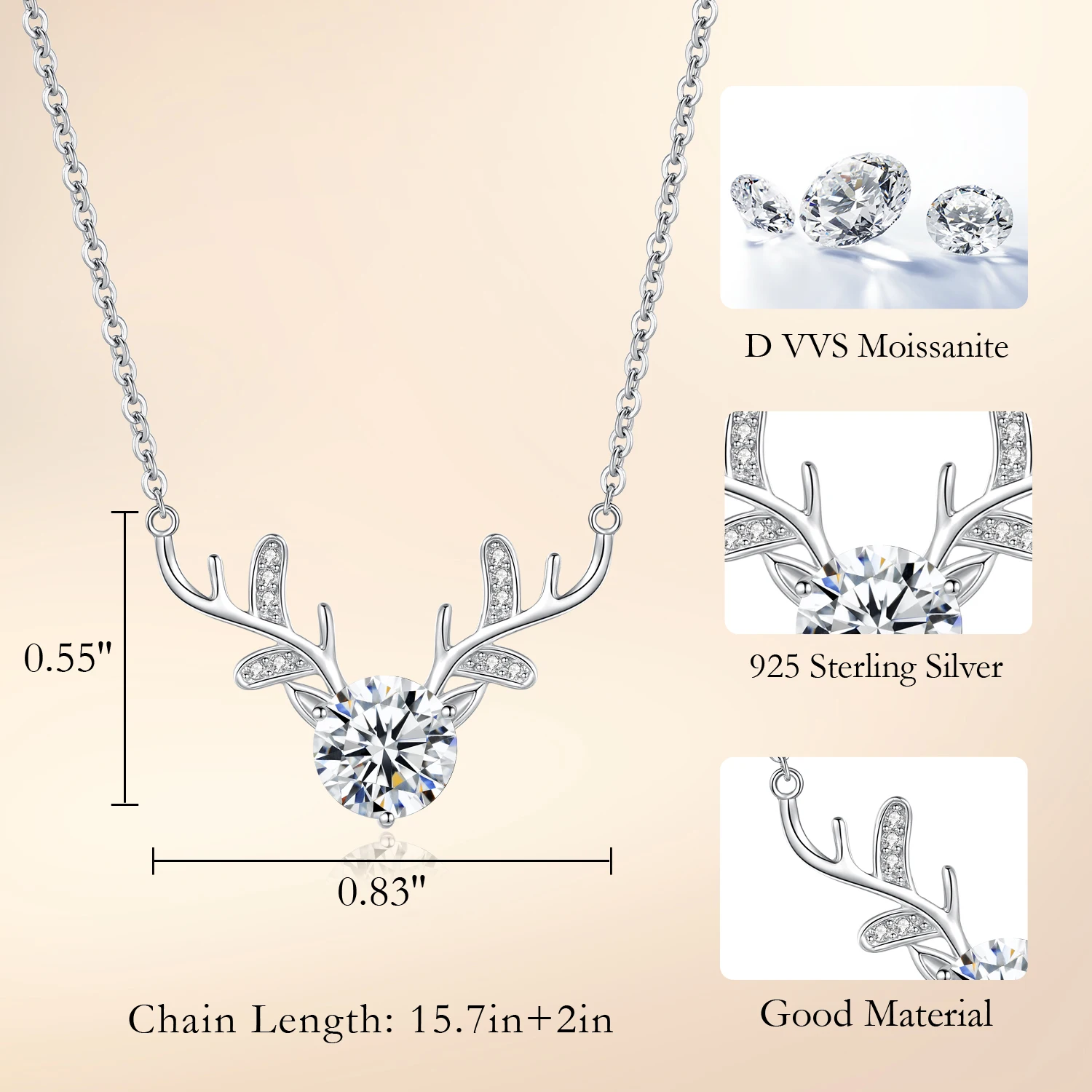 CDE MV00160 Fine 925 Sterling Silver Christmas Jewelry Moissanite Necklace Christmas Decoration Gift Deer Pendant Necklace