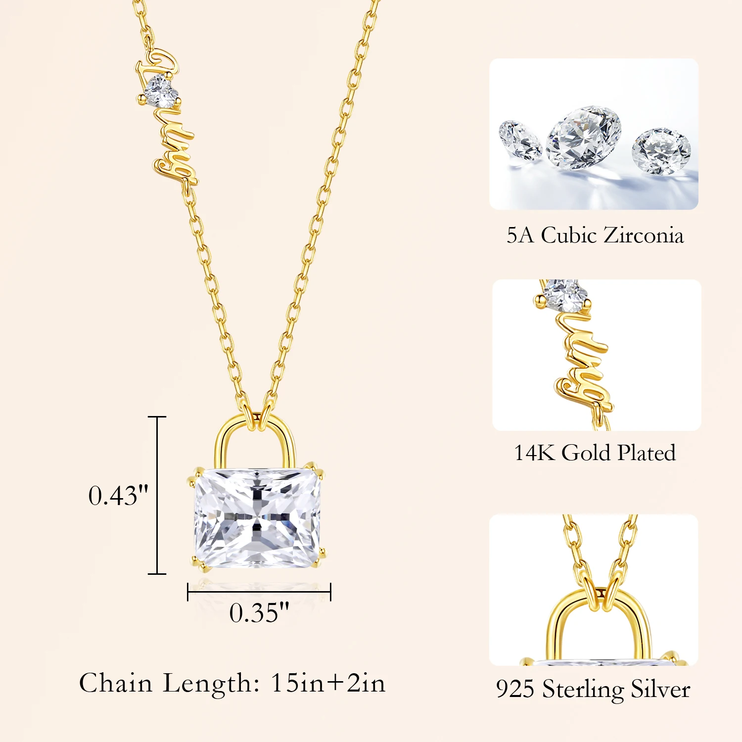 CDE WYN8 Fine 925 Sterling Silver Jewelry Wholesale Zircon Necklace 14K Gold Plated Chain Lock Pendant Necklace