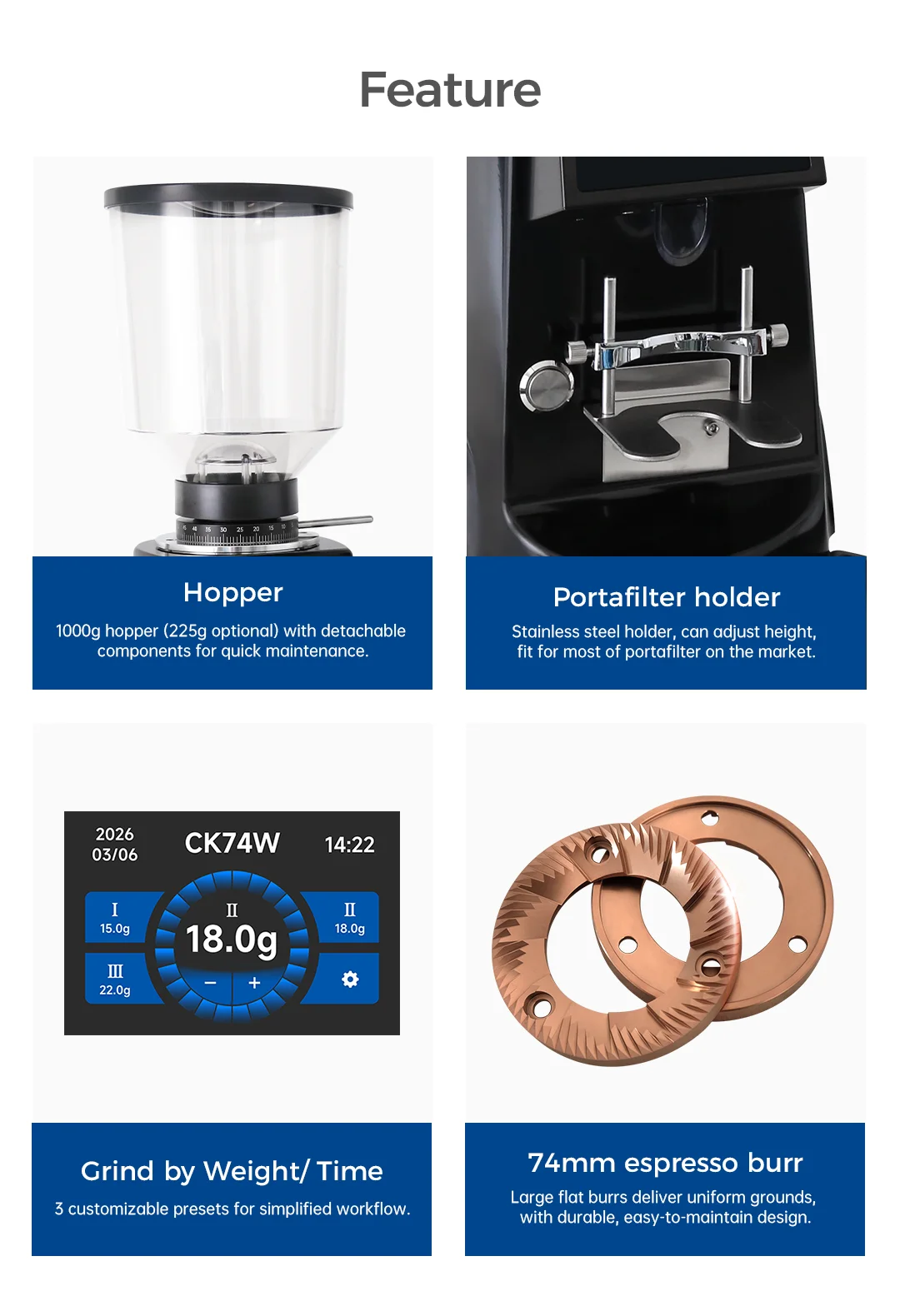 2026 New CK74W Espresso Coffee Grinder Heavy-Duty Espresso Grinder 74mm Burrs Large Capacity 1kg Hopper Stepless Setting Café