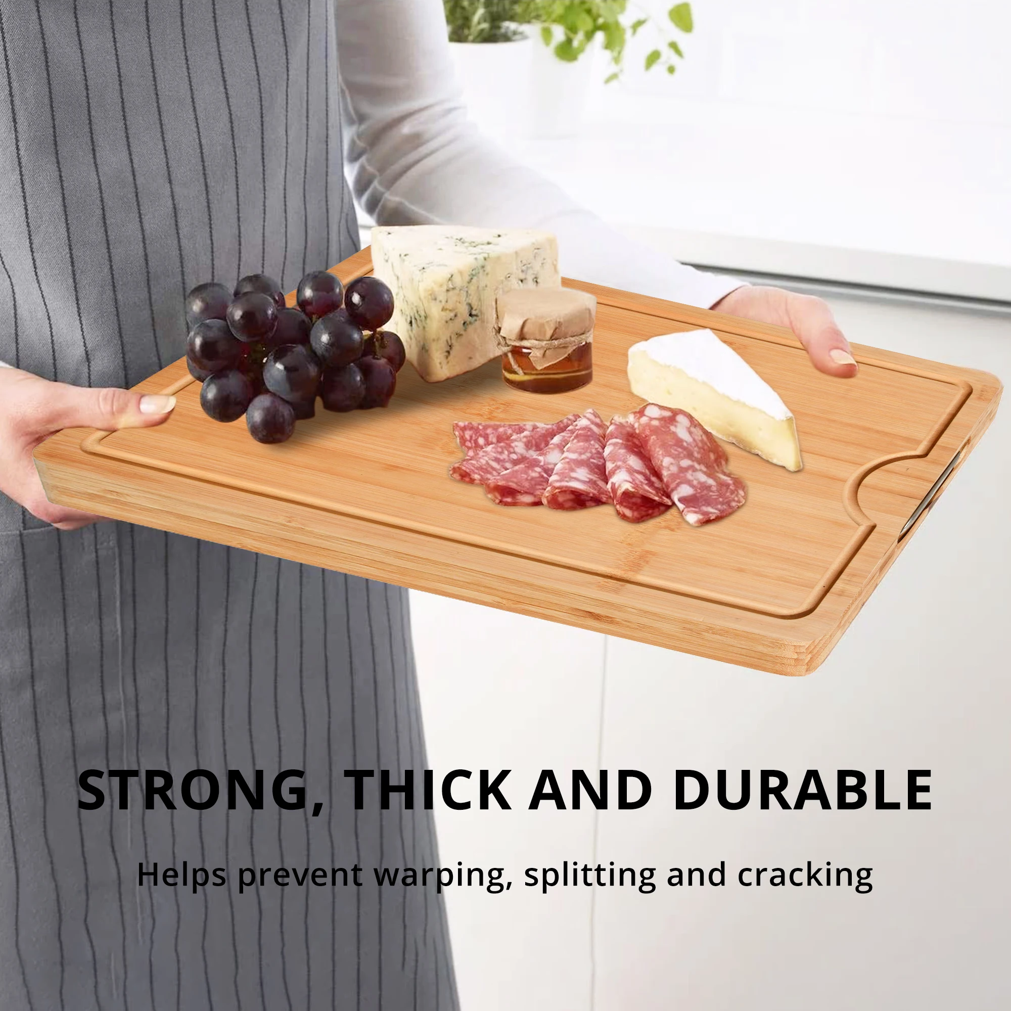 Easy-to-Clean Bamboo Wood Cutting Board With Flexible Metal Handle , Heavy Duty Chopping Boards For Kitchen