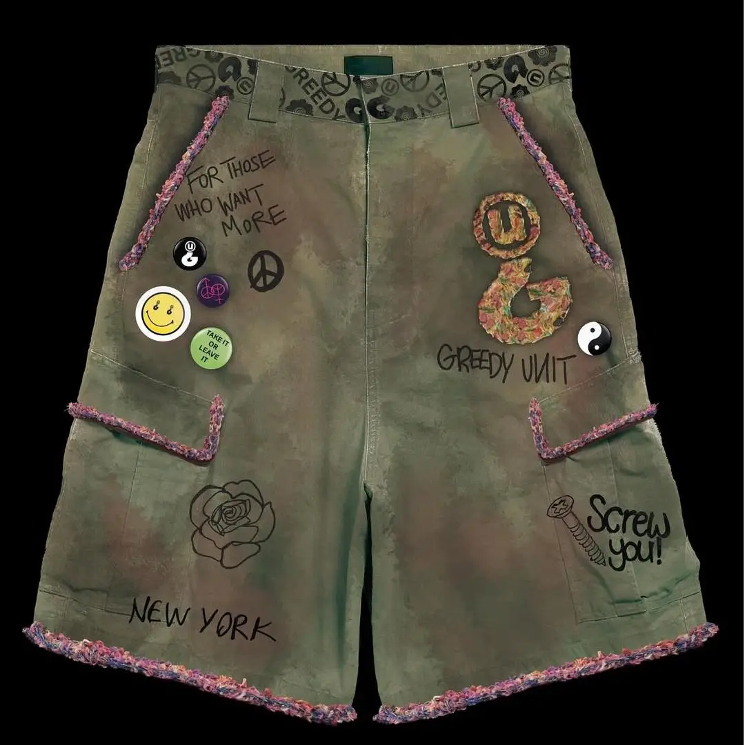 product heavyweight custom graffiti embellished vintage green cargo shorts mens loose street style distressed straight leg pants-2