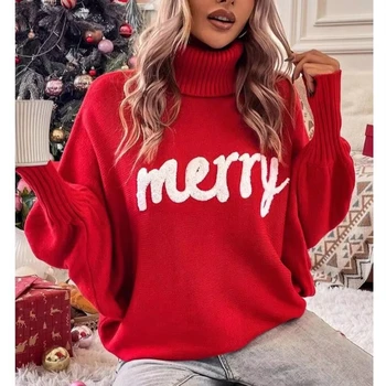 Wholesale Drop Shipping Winter Festival  Merry Christmas Letter High Neck Turtleneck Embroidered Pullover Knit Women Sweaters