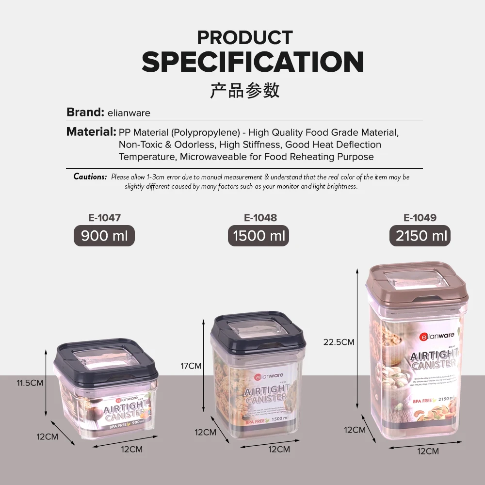 Elianware Airtight Plastic Square Food Container Boxes Kitchen