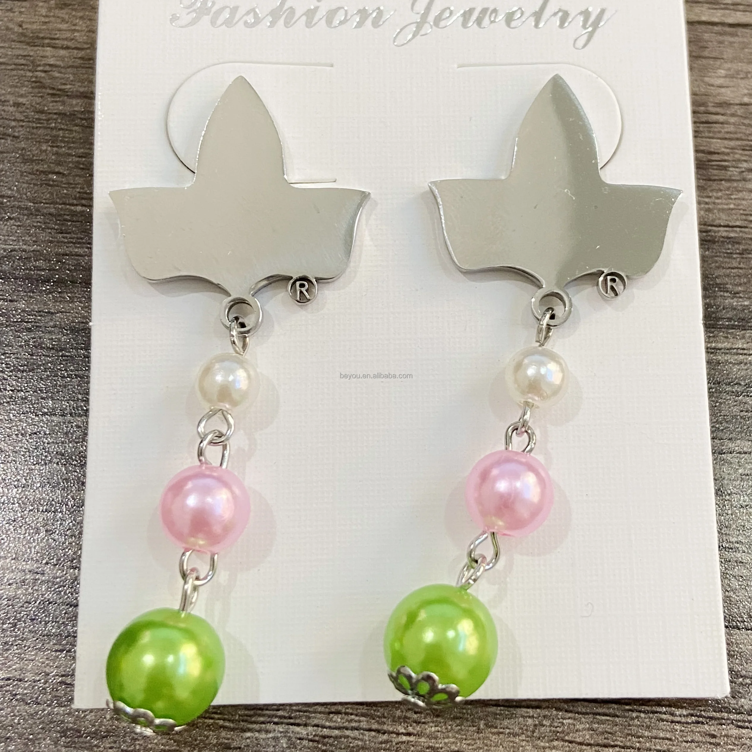 Pink Green Sorority Stainless Steel Maple Leaf Shape Stud Earring Women's Jewelry