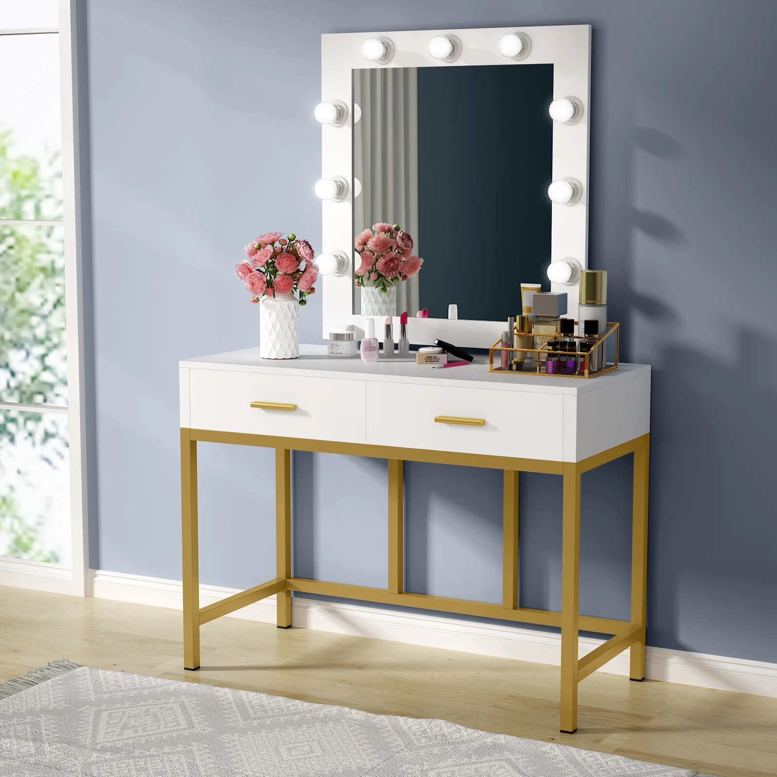 Wholesale Luxury 2 Drawer Mirror Bedside Vanity Table With LED Lighted Mirror Cosmetic