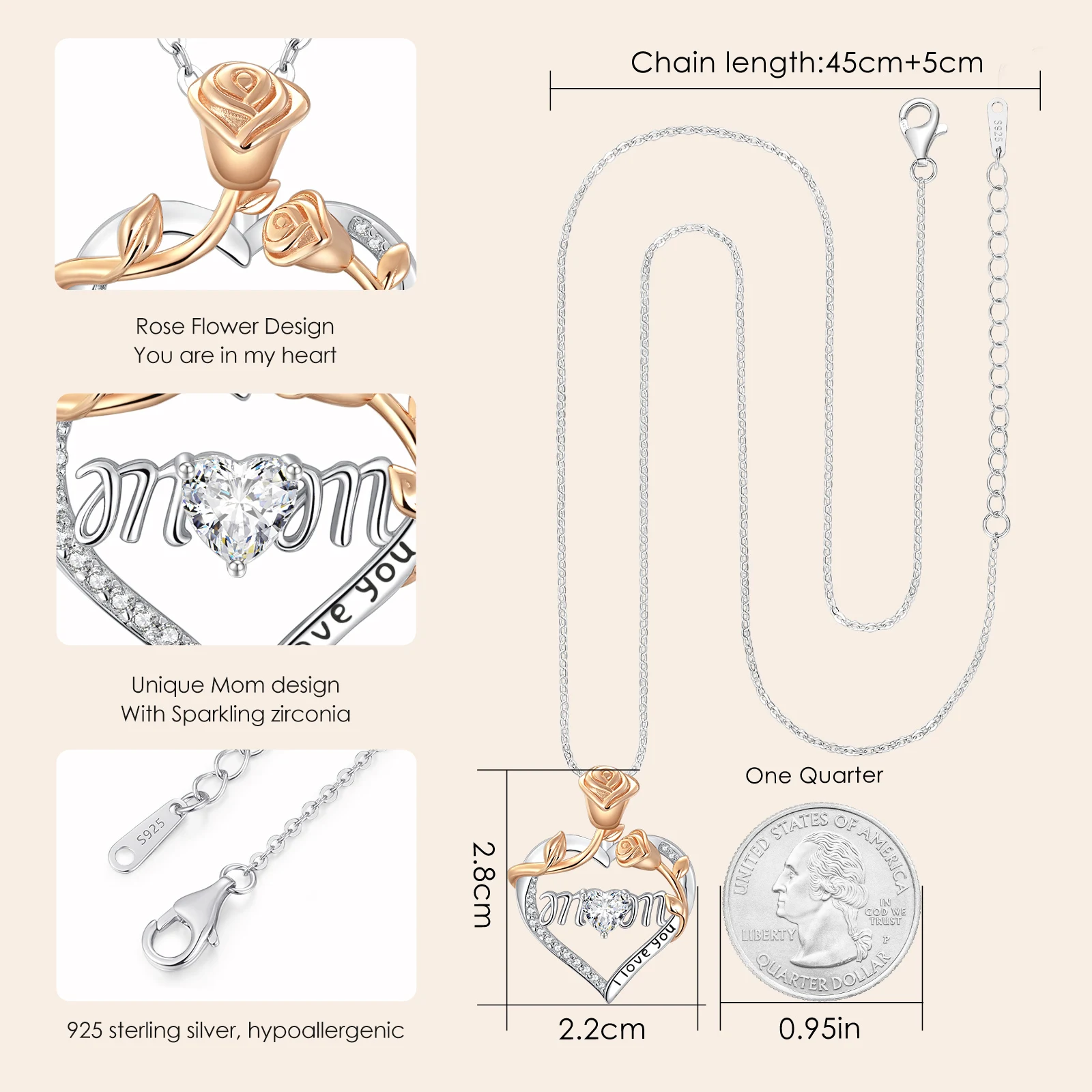 CDE CZYN069 Fine 925 Sterling Silver Jewelry Rose Heart Design Necklaces Wholesale Zircon Mother's Day Gifts Letter Necklaces