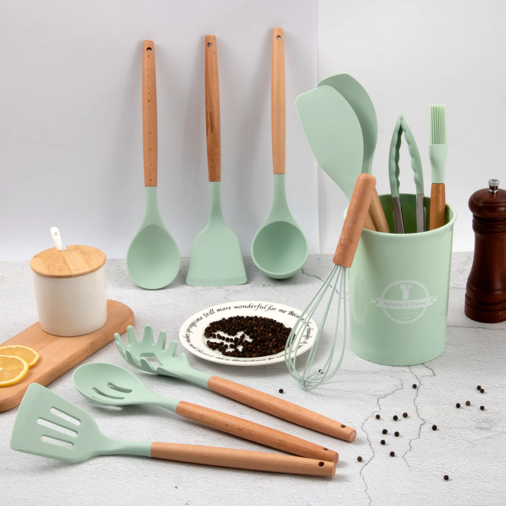 Factory wholesale 12 Pcs set silicone kitchenware accessories cooking tools set spatula stirring kitchen utensils Wooden Handle