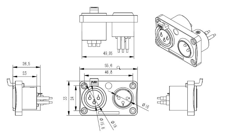Outdoor 2-XLR 3-Pin Female Metal AV XLR 3 Pole Male Socket Connector 3 Pin Panel Mount XLR Socket Outdoor AV Equipment IP65