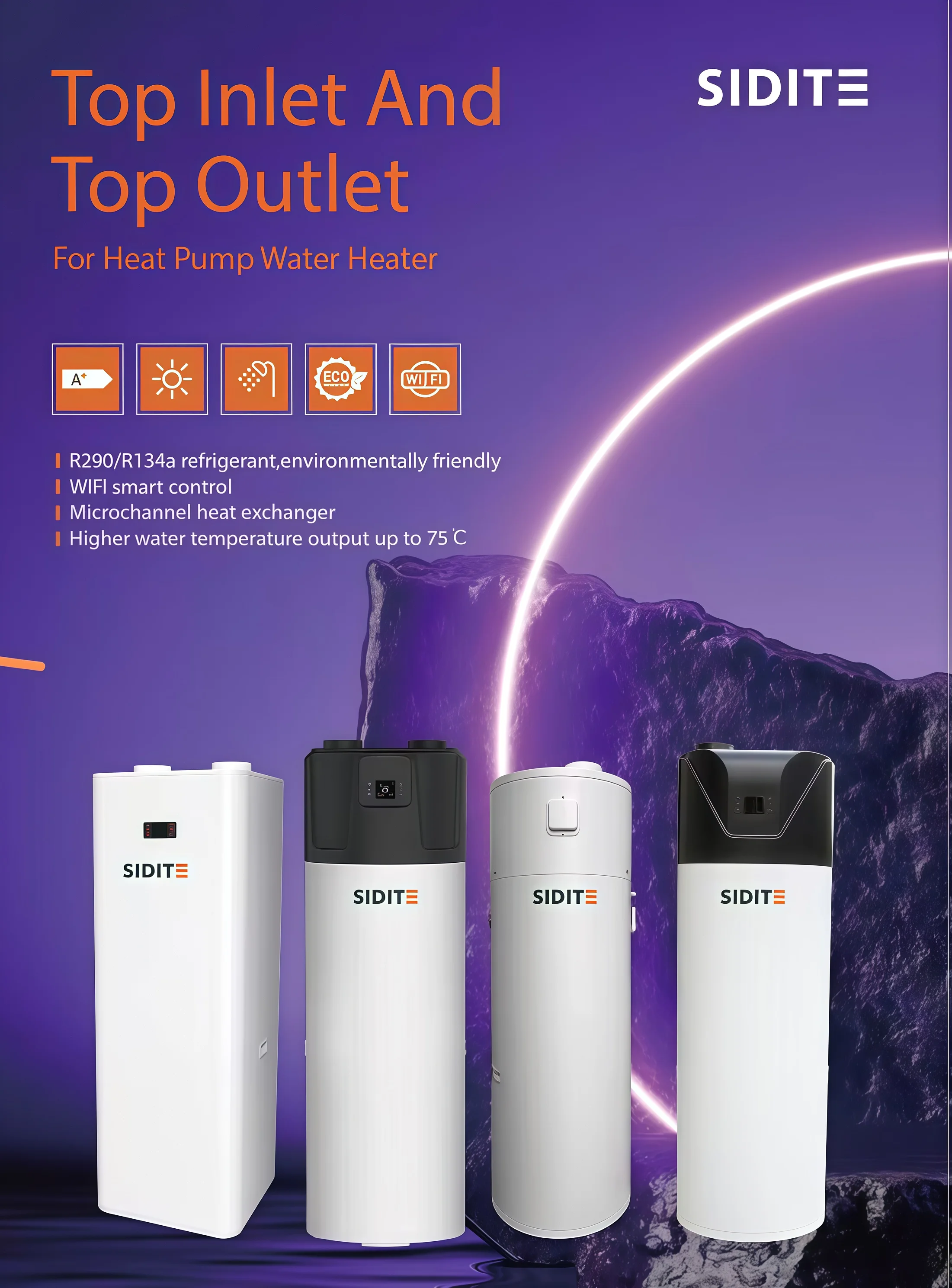 SIDITE Brand R290 Heat Pump Water Heater Top Inlet & Outlet High Efficiency Electric for Household & Hotel Use details