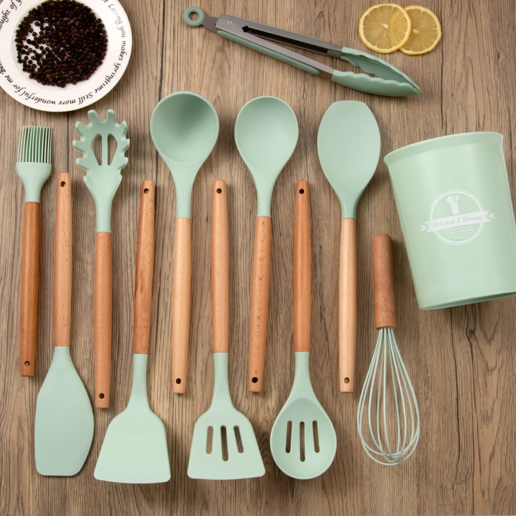 Factory wholesale 12 Pcs set silicone kitchenware accessories cooking tools set spatula stirring kitchen utensils Wooden Handle