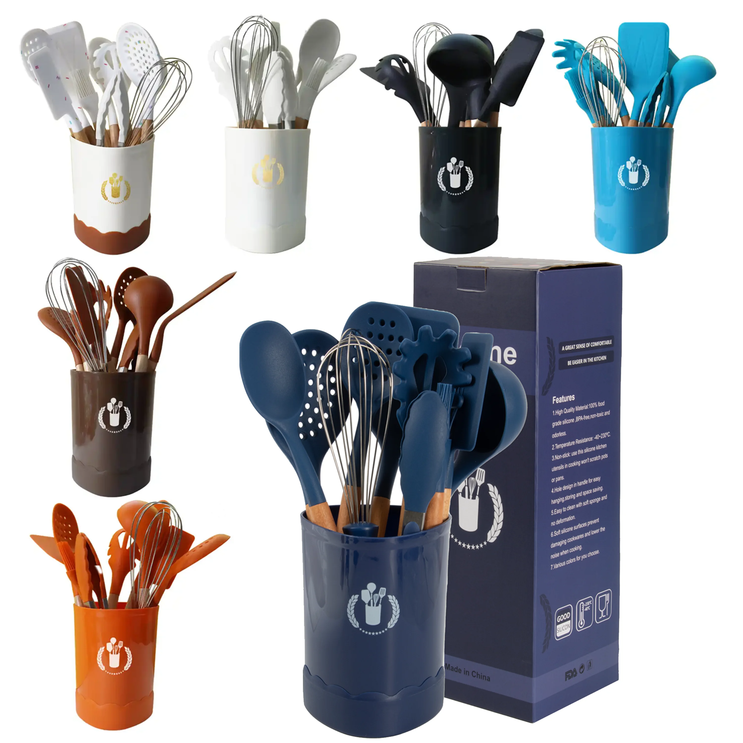 Wholesale High Quality 11piece Set Of Silicone Kitchen Utensils With Round Containers