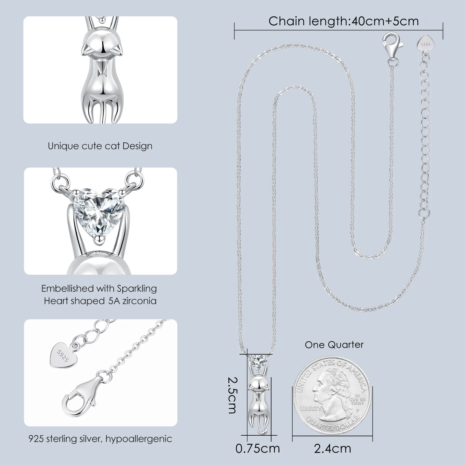 CDE CZYN074 Fine 925 Sterling Silver Jewelry Animal Necklace Wholesale Design Sense Kitten And Crystal Heart Charm Necklace