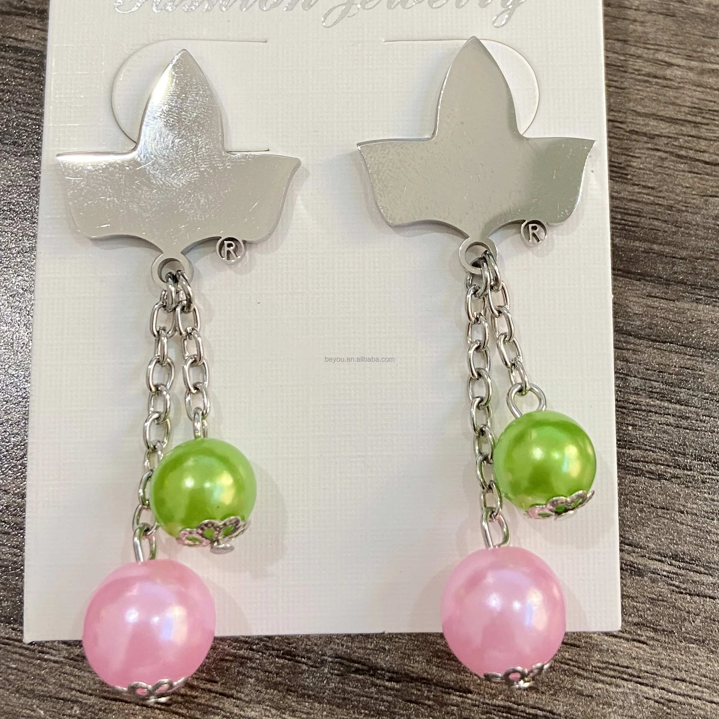 Pink Green Sorority Stainless Steel Maple Leaf Shape Stud Earring Women's Jewelry